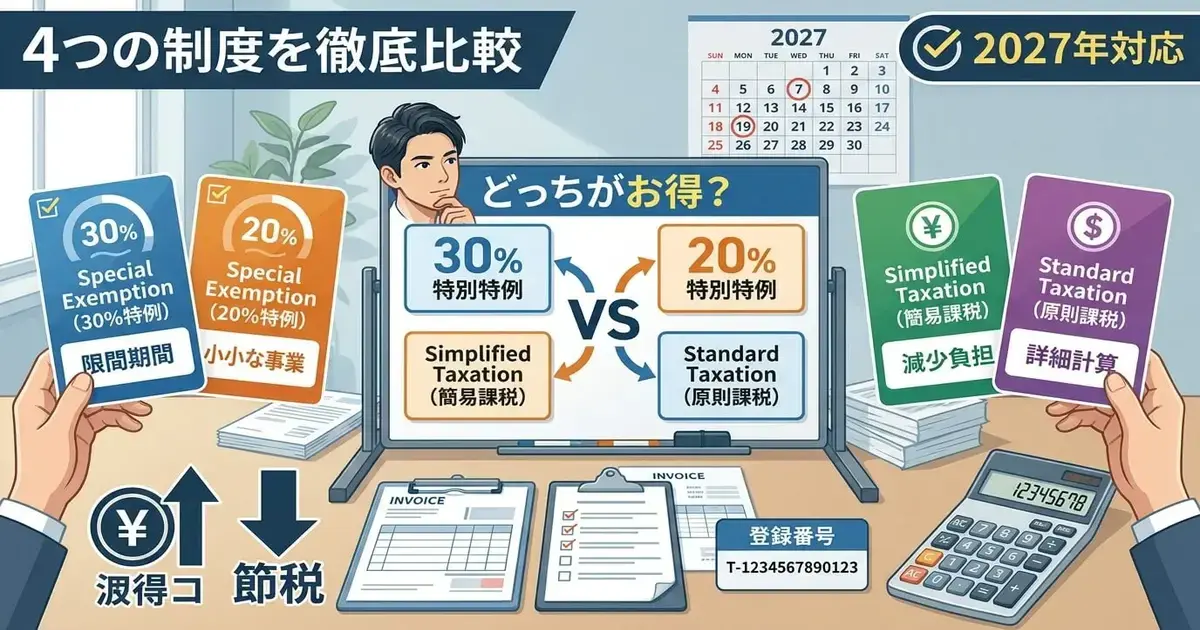 インボイス制度 3割特例・2割特例・簡易課税・本則課税 徹底比較